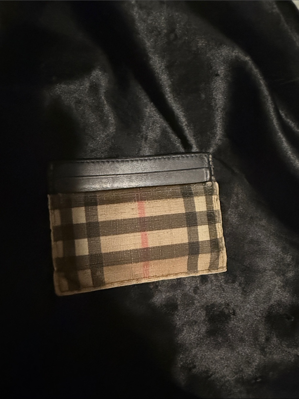 Burberry Beige Plaid Card & Black Leather Trim Holder